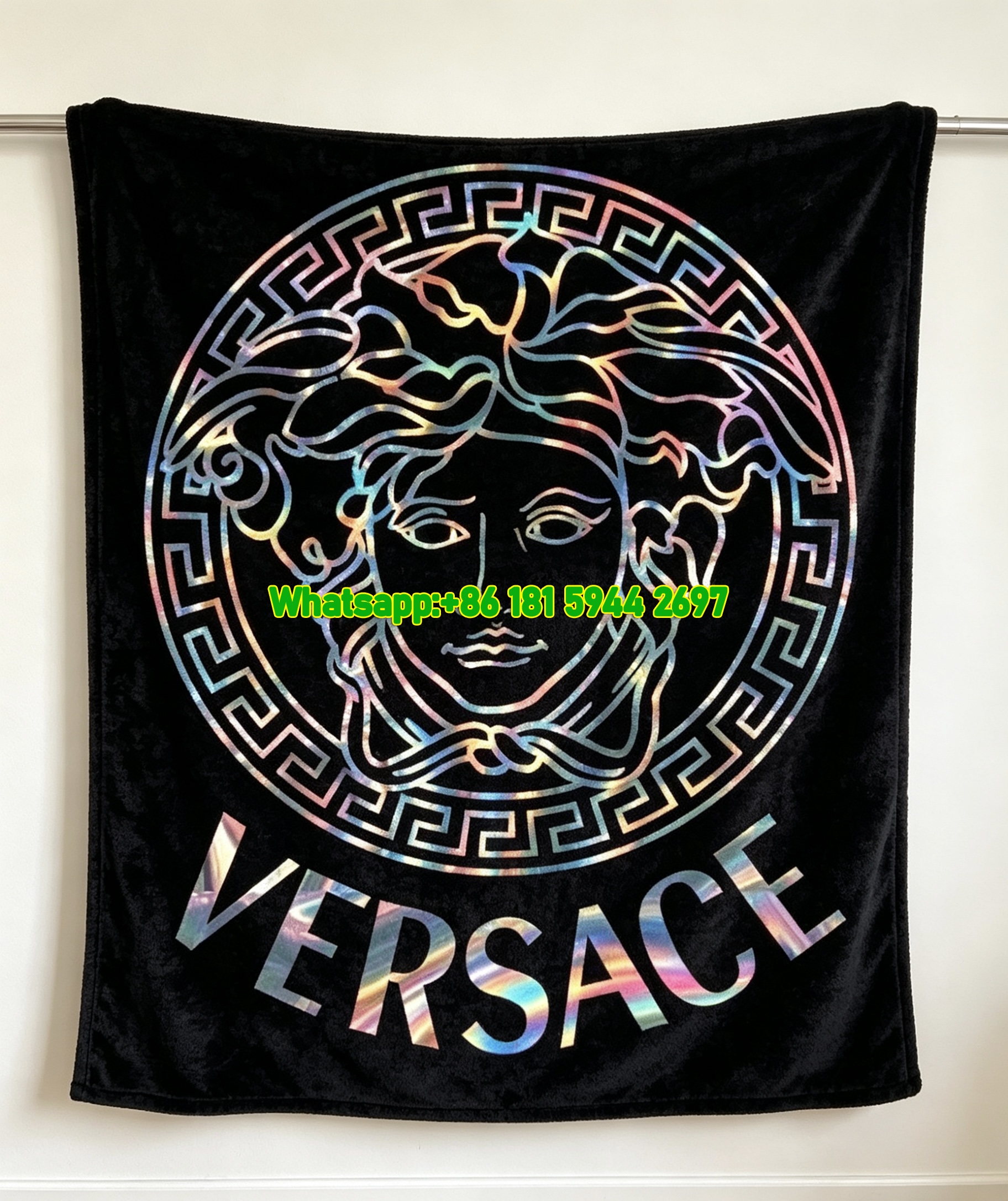 Black and Holographic Versace Medusa Logo Fleece Throw Blanket IMG_1381